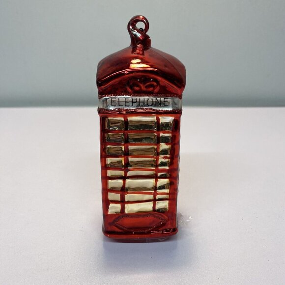 Pottery Barn Red Telephone Booth Glass Christmas Ornament 5”H x 2”W British Gold - Picture 2 of 10